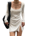 Damen figurbetontes Langarmkleid mit Spitzenakzenten und sexy Schlitz R&B