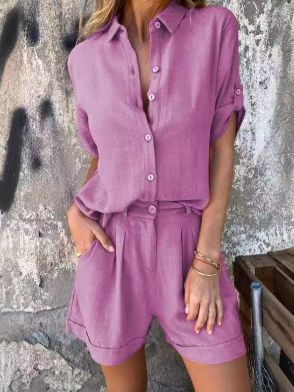 Damen Lässiges Jumpsuit-Set mit knöpfbarem Oberteil und elastischem Taillenzug R&B