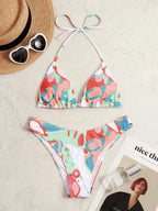 Damen Triangel-Bikini mit verspieltem Muster und verstellbaren Trägern