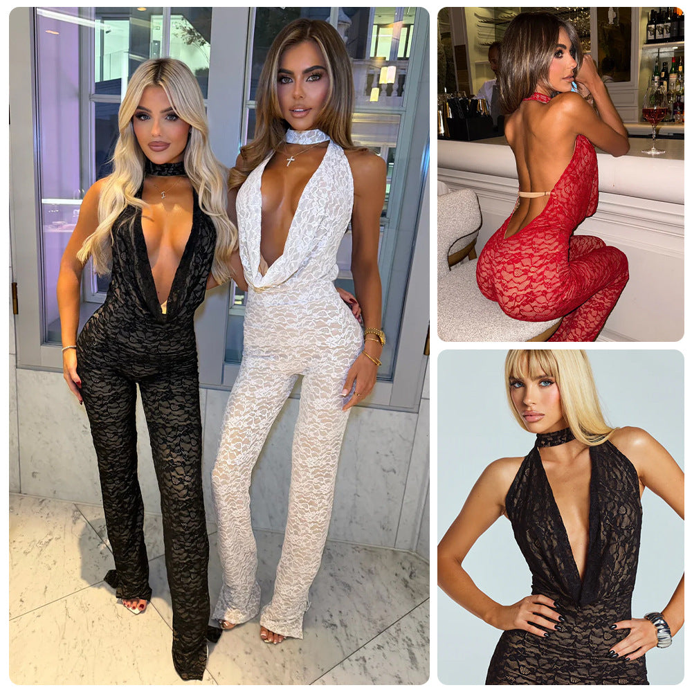 Damen Jumpsuit aus feiner Spitze mit tiefem V-Ausschnitt und eleganter Rückenpartie R&B