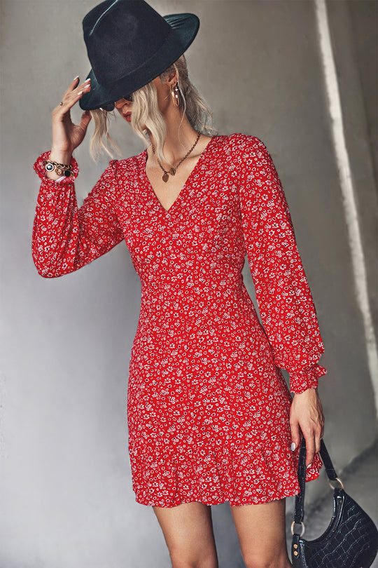 Damen Minikleid mit verspieltem floralem Muster und femininem V-Ausschnitt R&B