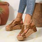Damen Wedge-Sandaletten mit leopardem Muster und modischem Korkelement R&B
