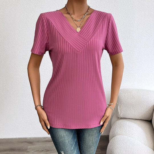 Damen lässiges V-Ausschnitt Shirt mit fließendem Design und kurzen Ärmeln R&B