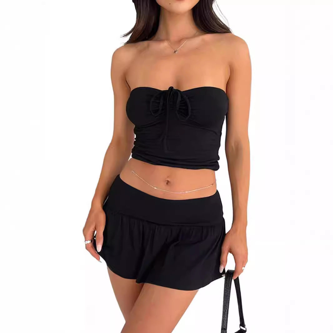 Damen Strand-Set aus leichtem Stoff mit verstellbarem Oberteil und lockerem Rock R&B