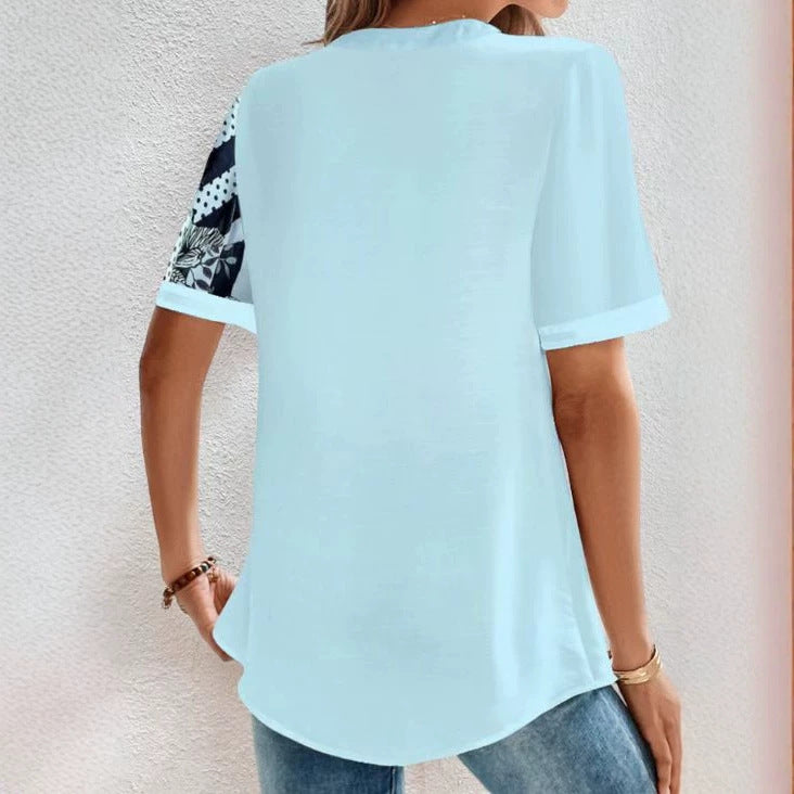 Damen nan zweigeteilte Hemdbluse mit asymmetrischem Muster-Mix, Knopfleiste und lockerer Hüftlänge R&B