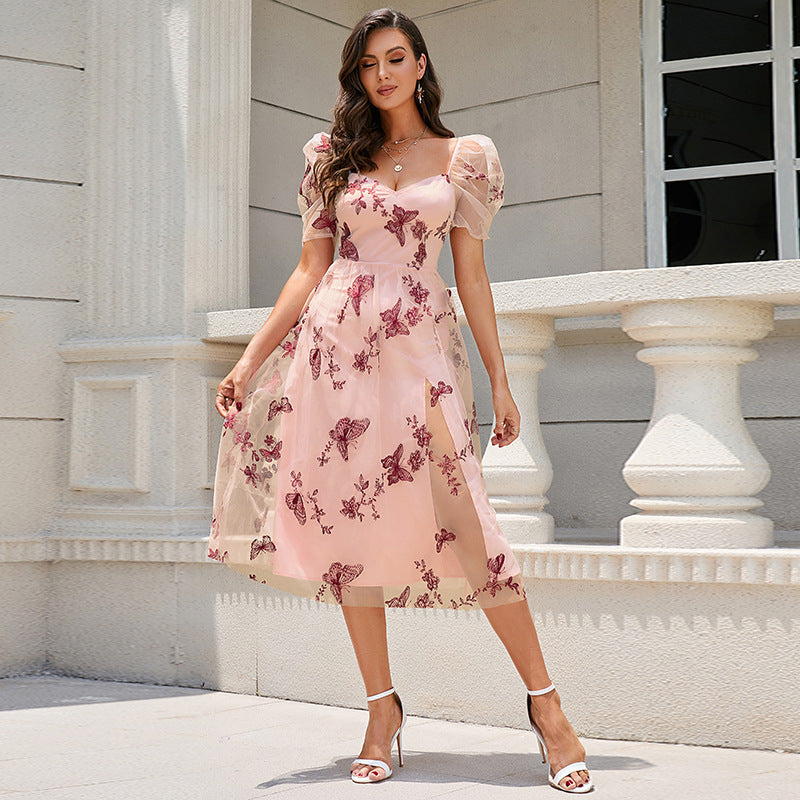 Damen Midikleid mit floralem Applikationsdesign und Puffärmeln R&B