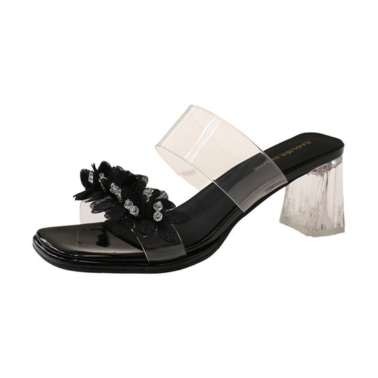 Damen Transparente Mules mit floralem Design und glitzerndem Blockabsatz R&B