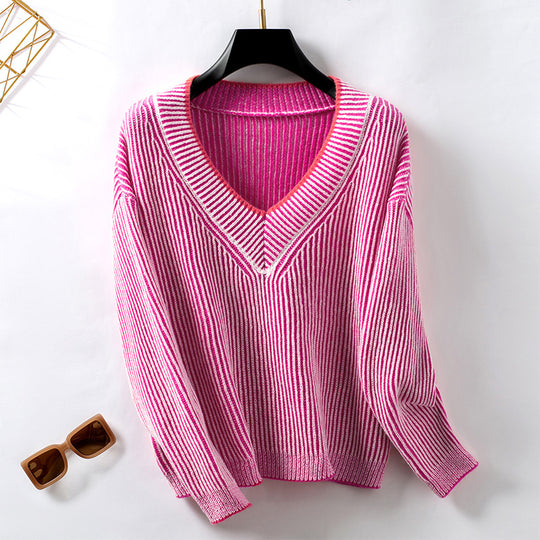 Damen Strickpullover mit V-Ausschnitt und gestreiftem Design R&B