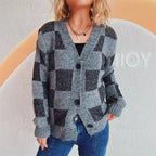 Damen lässige Strickjacke mit modernem Karomuster und hochwertigen Knopfdetails R&B