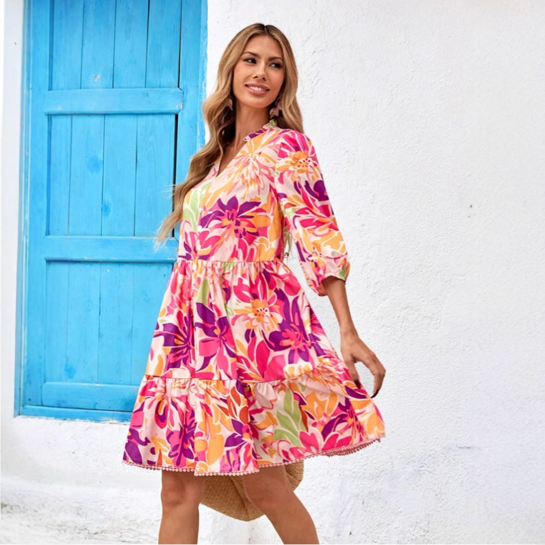Damen Blusenkleid mit floralen Prints und voluminösen Ärmeln R&B