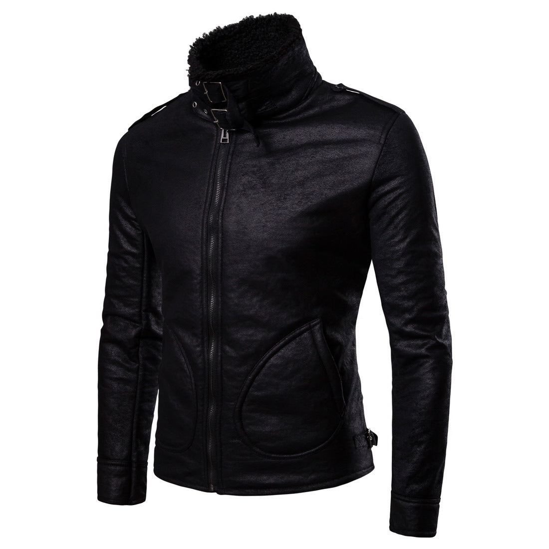 Herren Bikerjacke aus hochwertigem Kunstleder mit weichem Fleecekragen