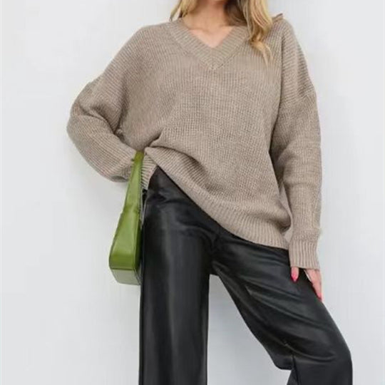 Damen Pullover mit V-Ausschnitt und lockerer Passform R&B