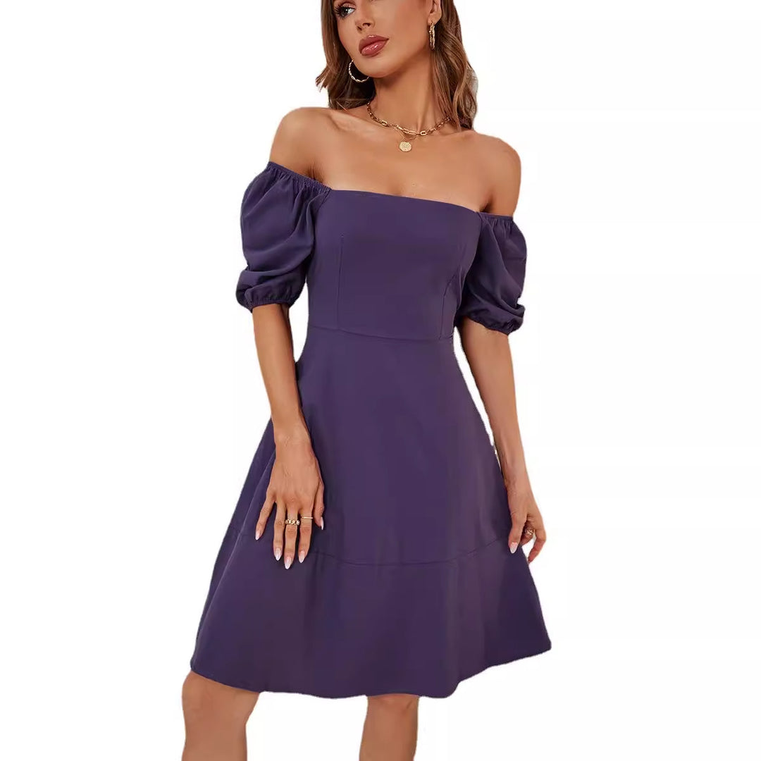 Damen Elegantes Off-Shoulder Kleid mit voluminösen Puffärmeln und asymmetrischem Schnitt R&B