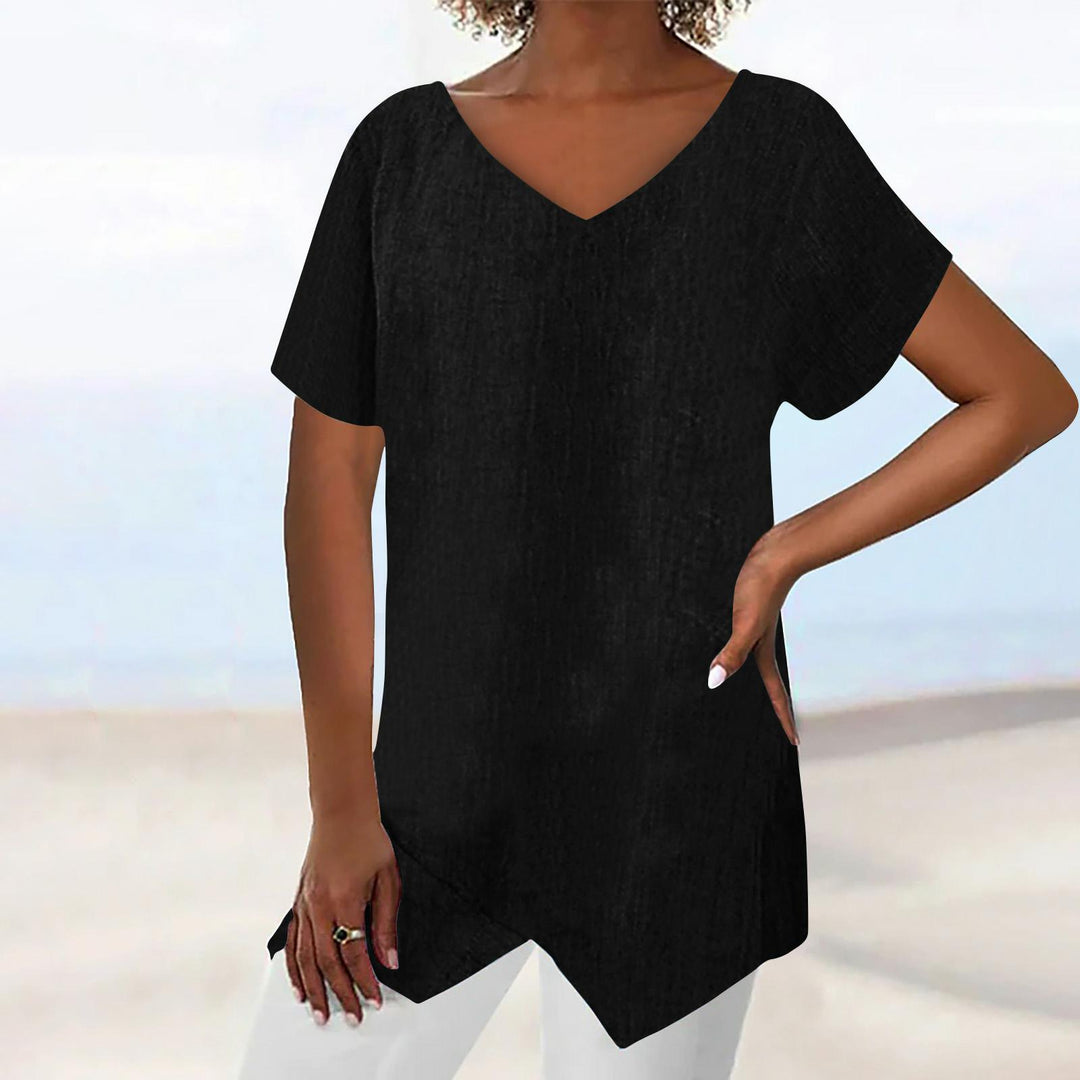 Damen lässige V-Ausschnitt Tunika mit asymmetrischem Saum R&B