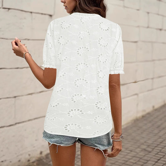 Damen Bluse mit floralen Stickereien und romantischem Spitzenabschluss R&B