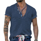 Herren Kurzarm Henley-Shirt mit dekorativen Knöpfen und atmungsaktiver Struktur R&B