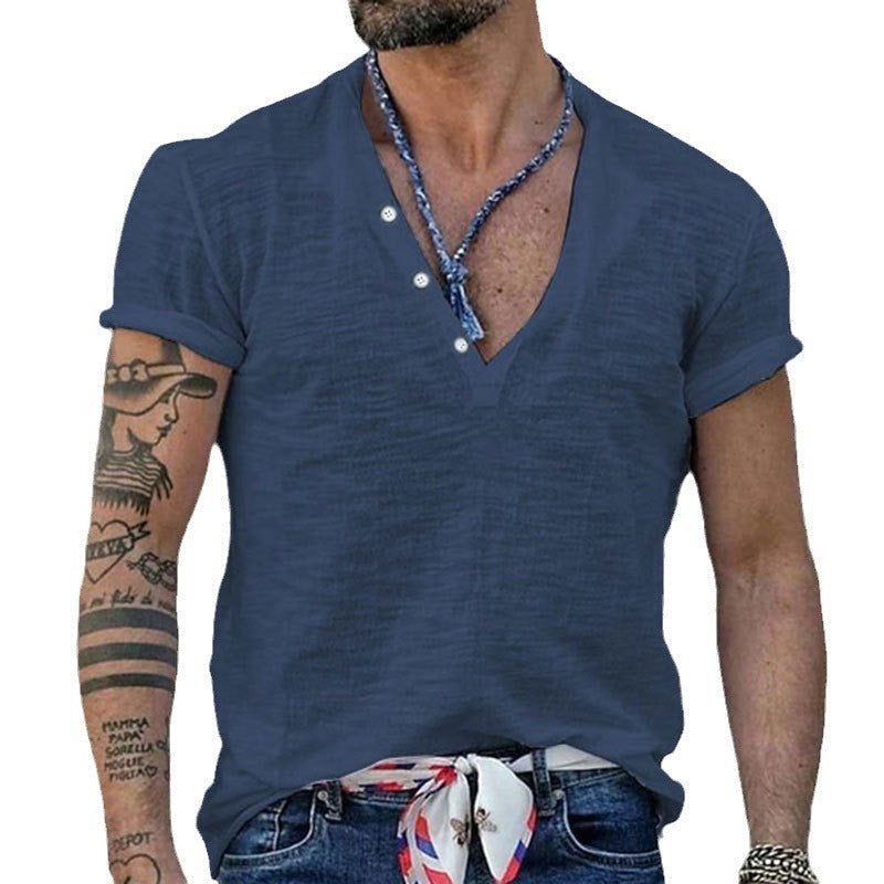 Herren Kurzarm Henley-Shirt mit dekorativen Knöpfen und atmungsaktiver Struktur R&B