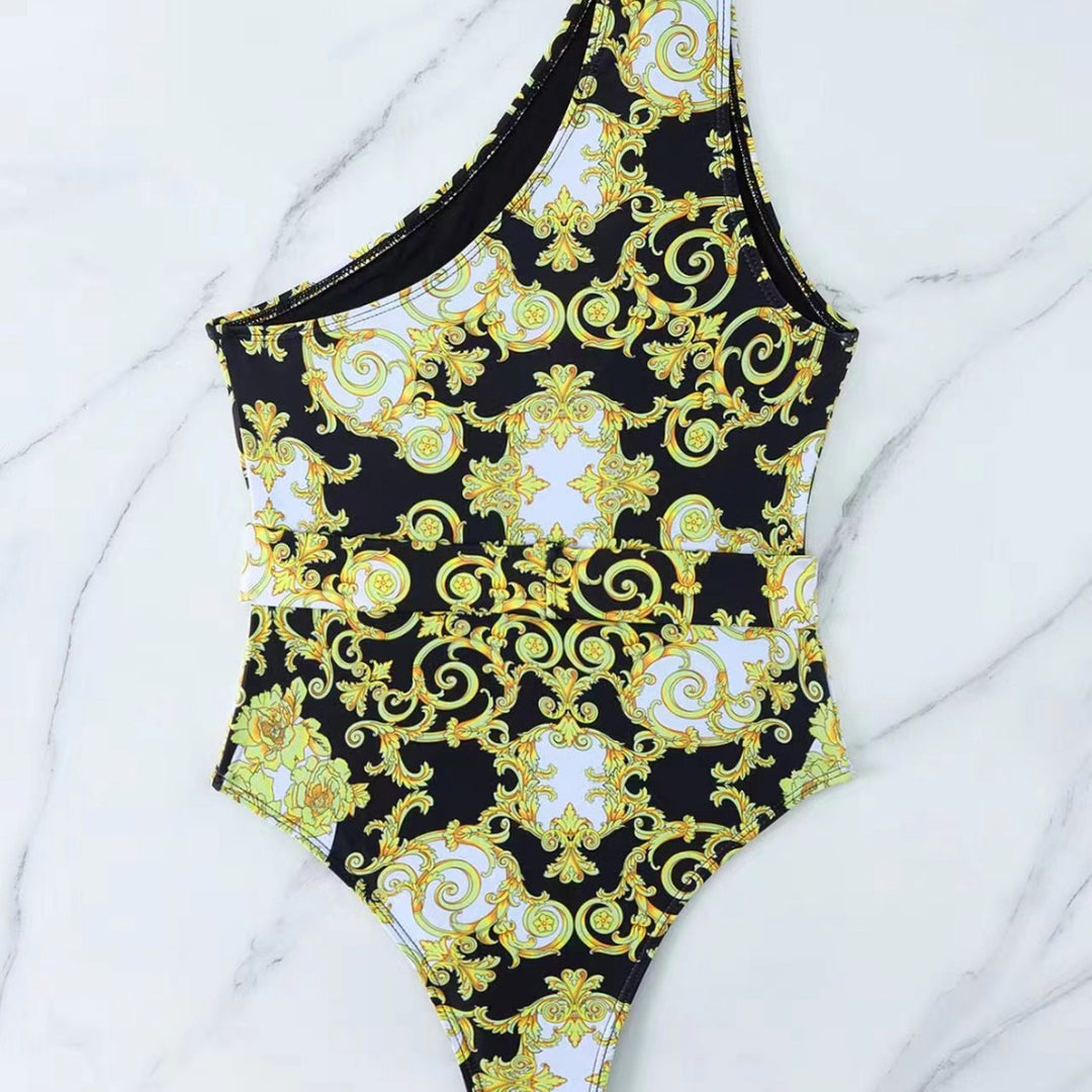 Damen Einteiler Badeanzug mit asymmetrischem Schnitt und elegantem Gürtel R&B