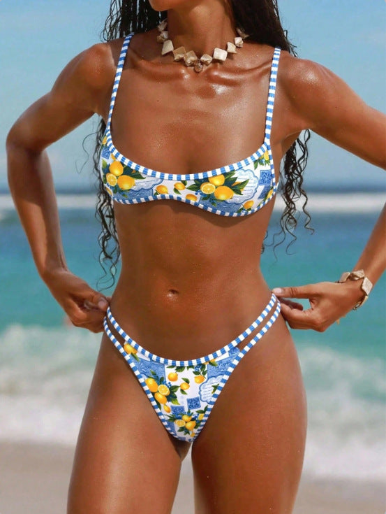 Damen Triangel-Bikini mit floralem Design und Bindedetails R&B