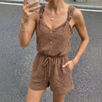 Damen lässiger Jumpsuit mit knöpfbarem V-Ausschnitt und elastischem Bund R&B