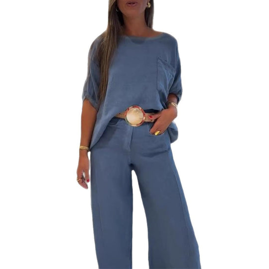 Damen nan lässiges Leinenmix-Zweiteiler mit kastigem Oversize-Top, aufgesetzter Brusttasche und weitem Palazzo-Hosenbein R&B