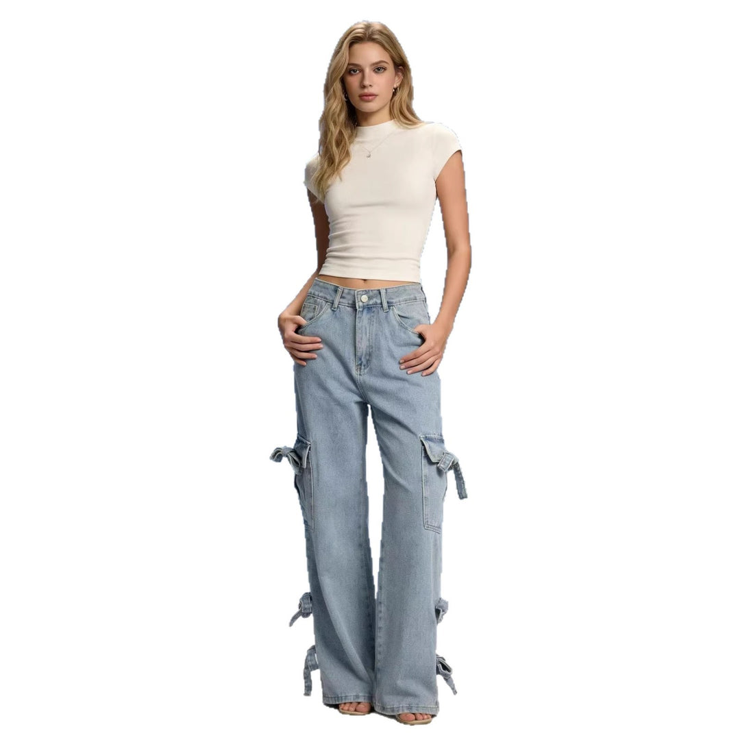 Damen Weite Cargo-Jeans mit Bindebändern