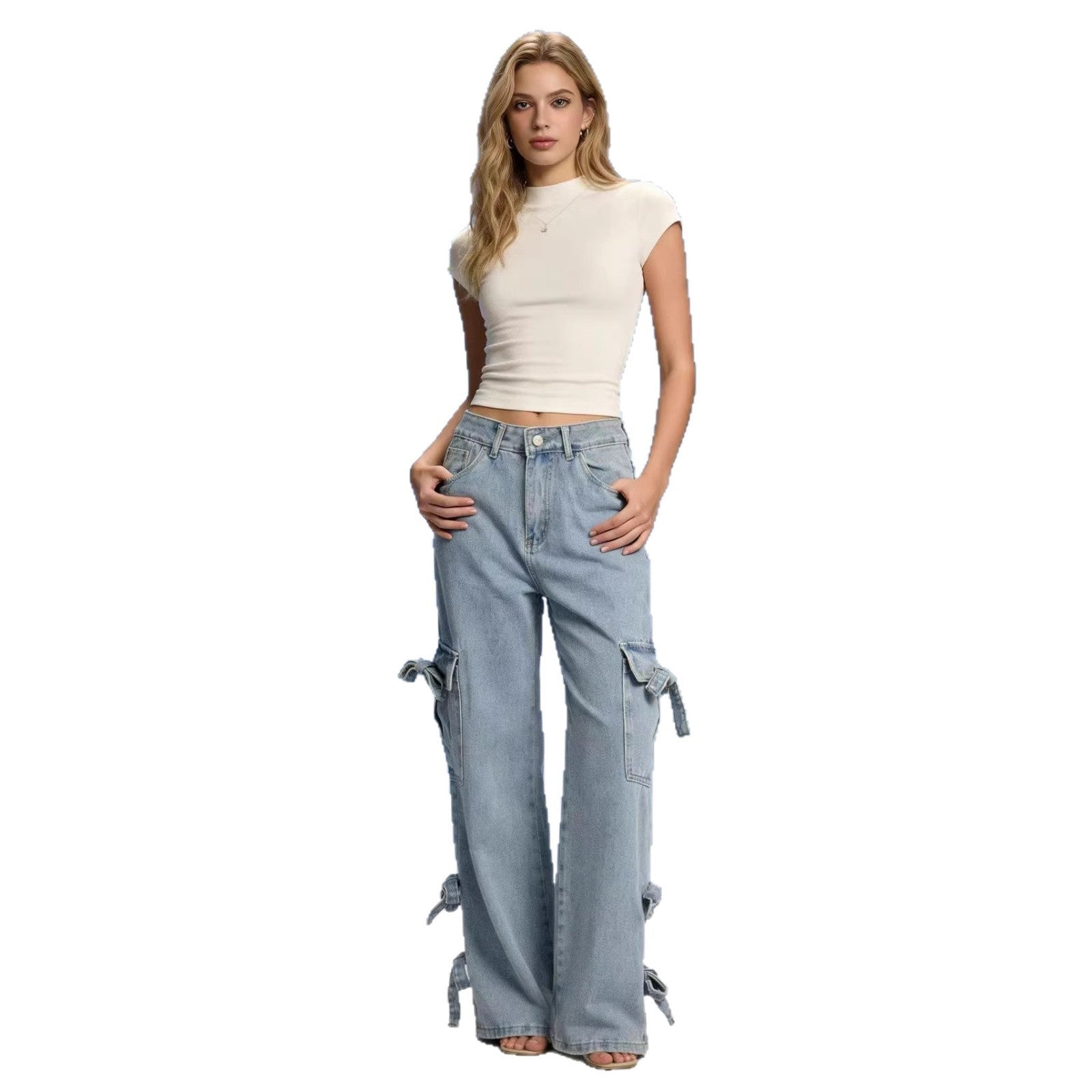 Damen Weite Cargo-Jeans mit BindR&Bändern