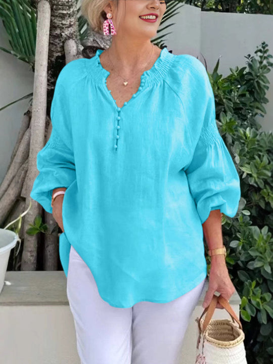 Damen lässige Kleidungsbluse mit Ballonärmeln und Knopfleiste R&B