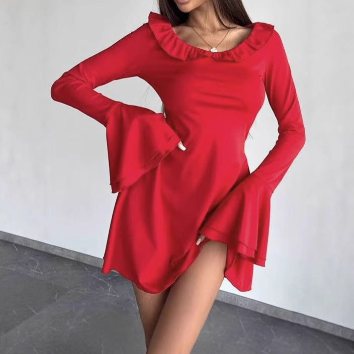 Damen Off-Shoulder Kleid mit Rüschendetails und Weit Ärmel R&B