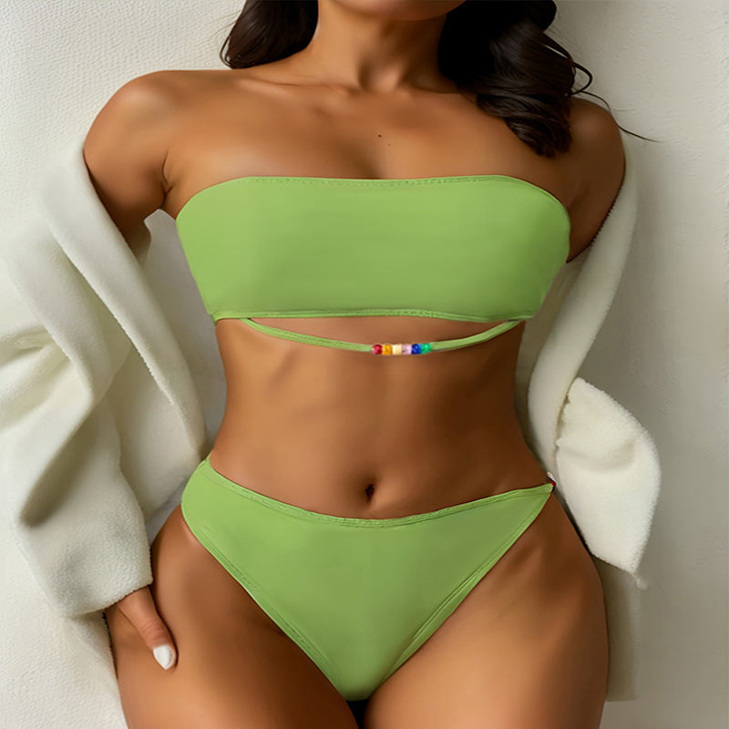 Damen Bandeau-Bikini-Set mit farbenfroher Schnürung und hohem Beinausschnitt R&B