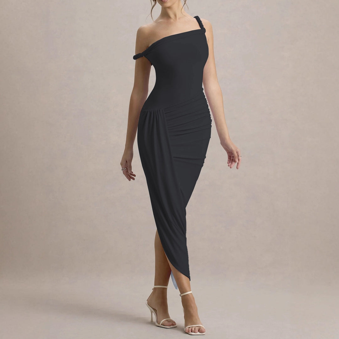 Damen elegantes asymmetrisches Maxikleid mit Raffungen R&B