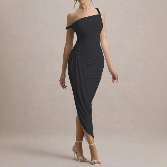 Damen elegantes asymmetrisches Maxikleid mit Raffungen R&B