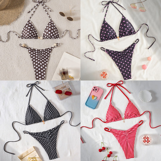 Damen Triangel-Bikini mit modischem Punktedesign und goldener Verschlussdetails R&B