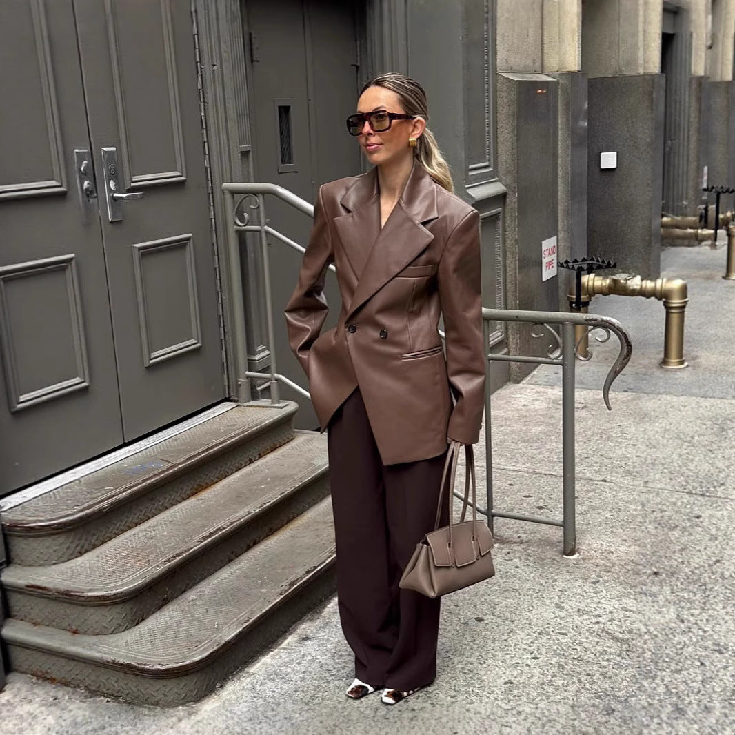 Damen stilvolle Kunstlederblazerjacke mit oversized Schnitt R&B