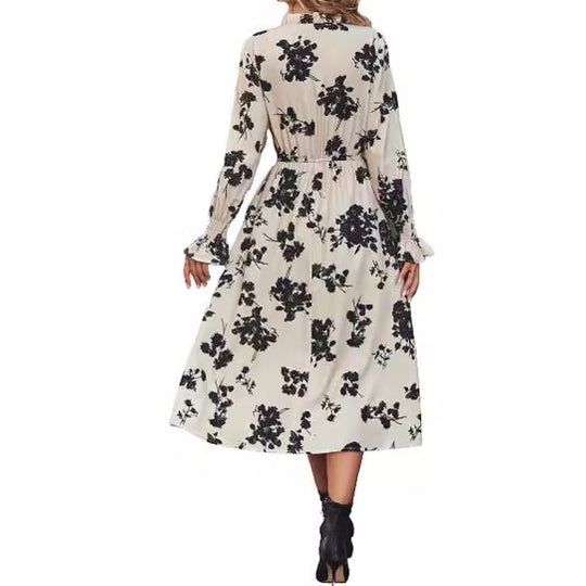 Damen Maxikleid mit floralem Print und angenähtem Bindeband R&B
