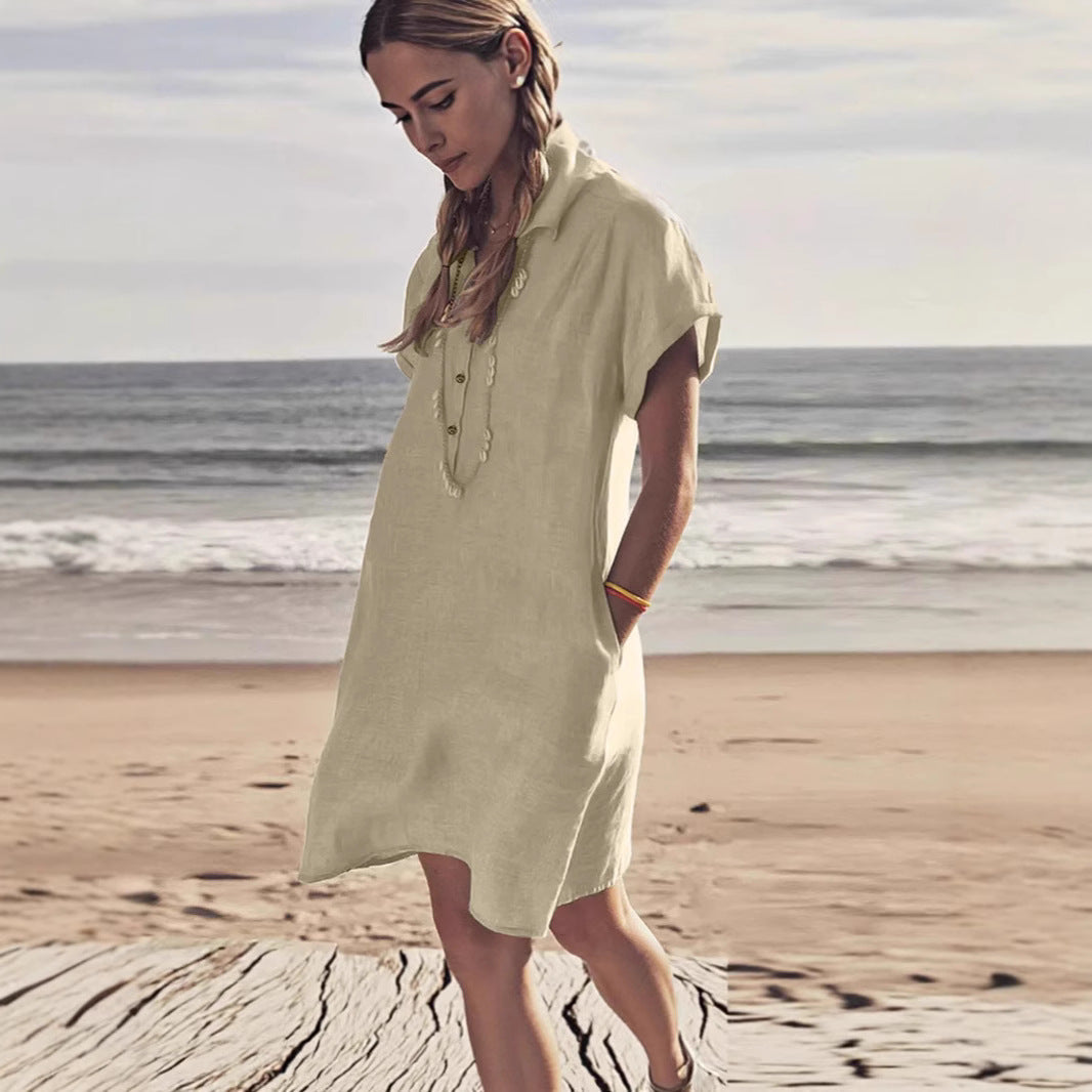 Damen leichtes Strandhemdkleid mit Knopfleiste und Seitentaschen R&B