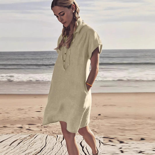 Damen leichtes Strandhemdkleid mit Knopfleiste und Seitentaschen R&B