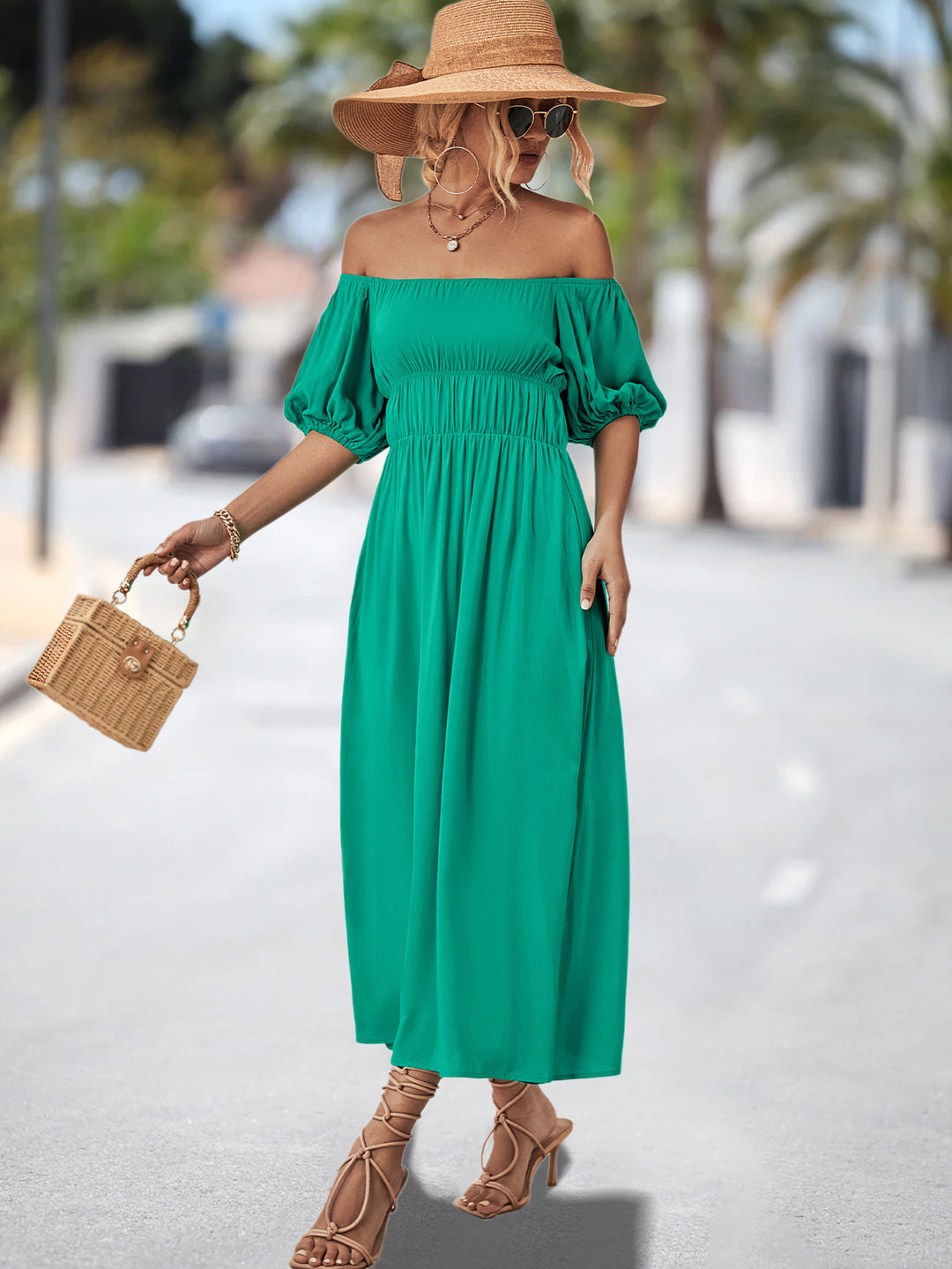 Damen Off-Shoulder Maxikleid mit voluminösen Puffärmeln und elastischem Taillenband R&B