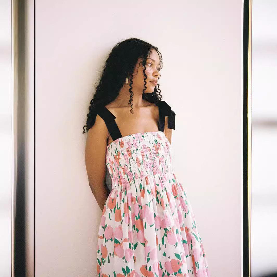 Damen Maxikleid mit floralem Print und elastischem Oberteil R&B