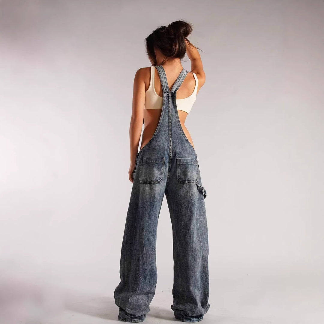 Damen lässige Denim-Latzhose mit oversized Schnitt und praktischen Taschen R&B