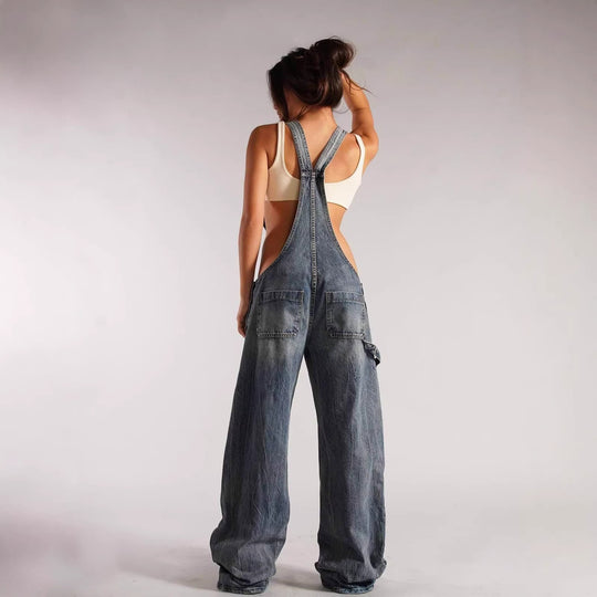 Damen lässige Denim-Latzhose mit oversized Schnitt und praktischen Taschen R&B