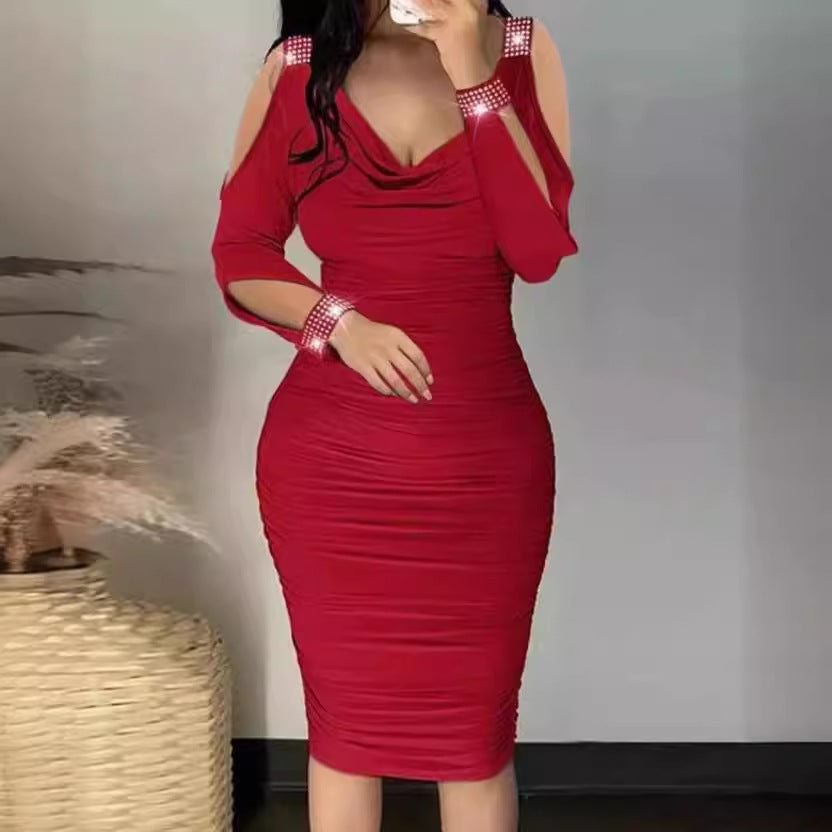 Damen Figurumspielendes Kleid mit Schulterfreischnitt und Funkelelementen R&B
