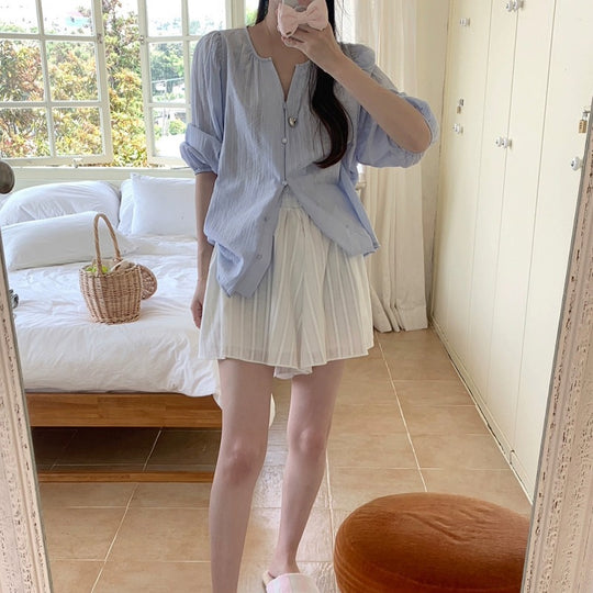 Damen Relaxed Fit Puffärmel Button-Up Bluse R&B