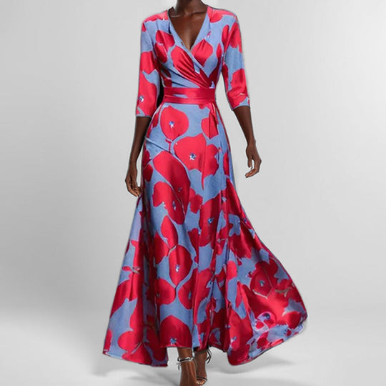 R&B | Elegantes V-Ausschnitt Bedrucktes Taillenkleid mit Schößchen