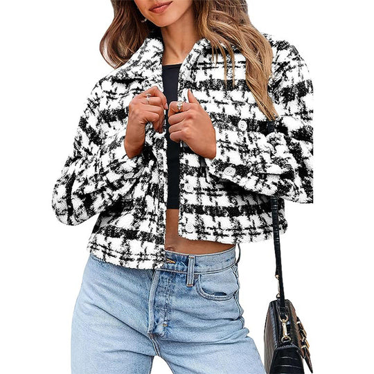 Damen Karierte Cropped Jacke R&B