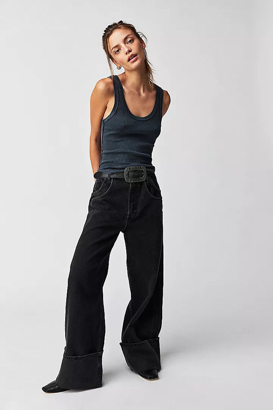 Damen Weite Jeans mit umgeschlagenem Saum