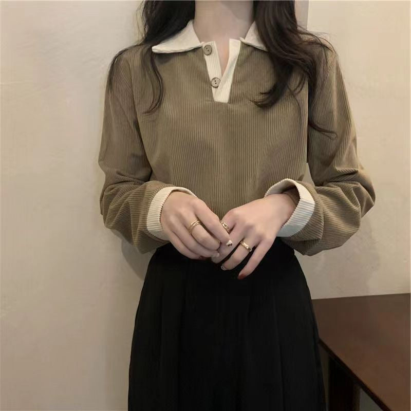 Damen Langarmshirt mit strukturierter Rippoptik und klassischem Polokragen