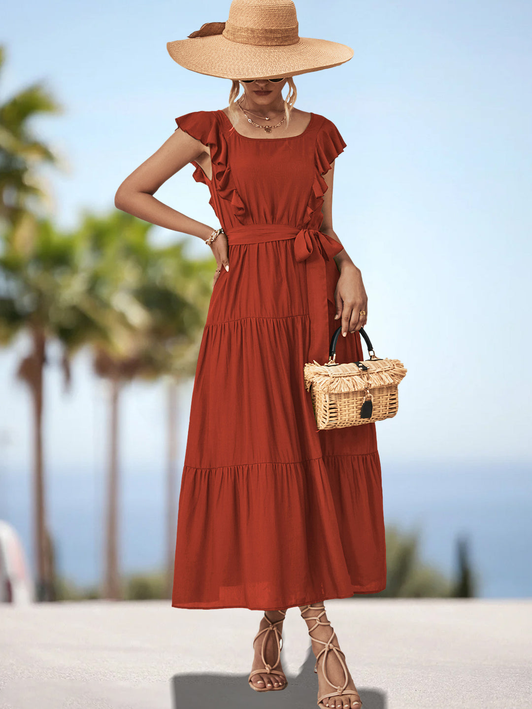 Damen Maxikleid mit Rüschendetails und tailliertem Gürtel R&B