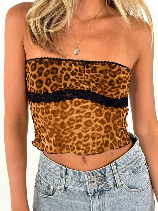 Damen Bandeau-Top mit trendigem Leopardenmuster und zarter Spitzenkante R&B