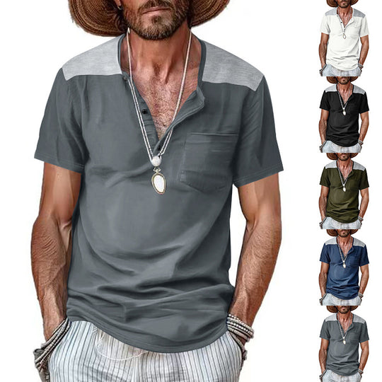 Herren Kurzarm-Henley-Shirt mit kontrastierenden Schulterdetails und praktischer Brusttasche R&B